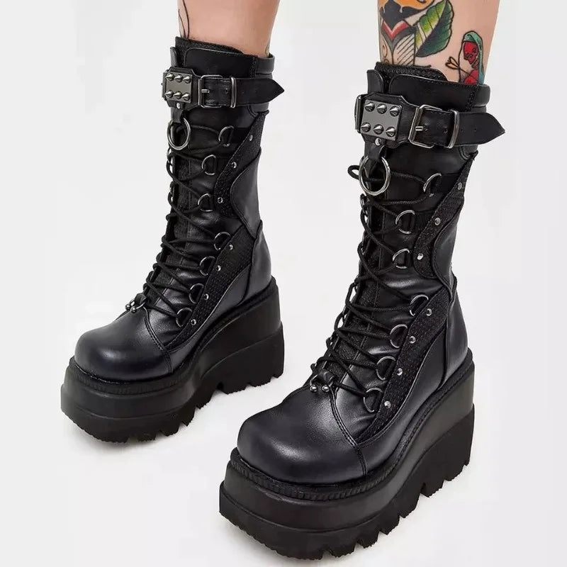 Women's Gothic Platform Boots – Rivet Punk High Heel Wedge Platform Boots Axl