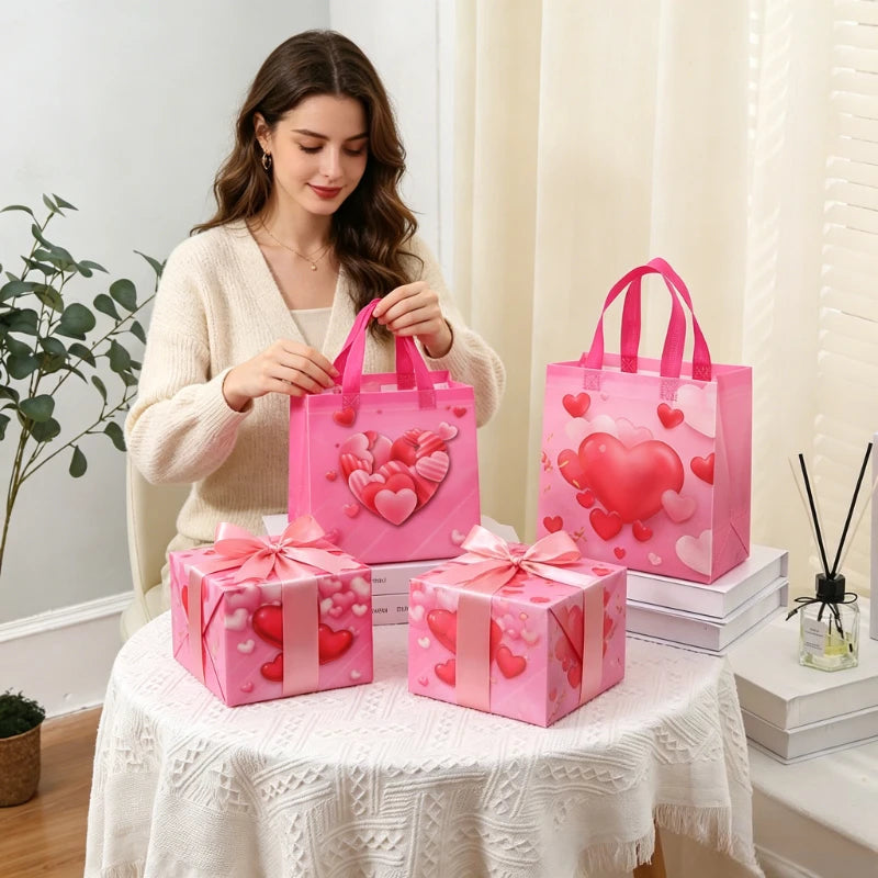 Pink Heart Non-Woven Tote Bags – 8pc Reusable Gift Bags Reusable Gift Bags Axl