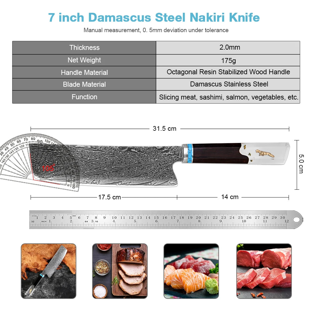 XITUO 7" Nakiri Knife VG-10 Damascus Steel | Wood Handle Nakiri Kitchen Knife Axl