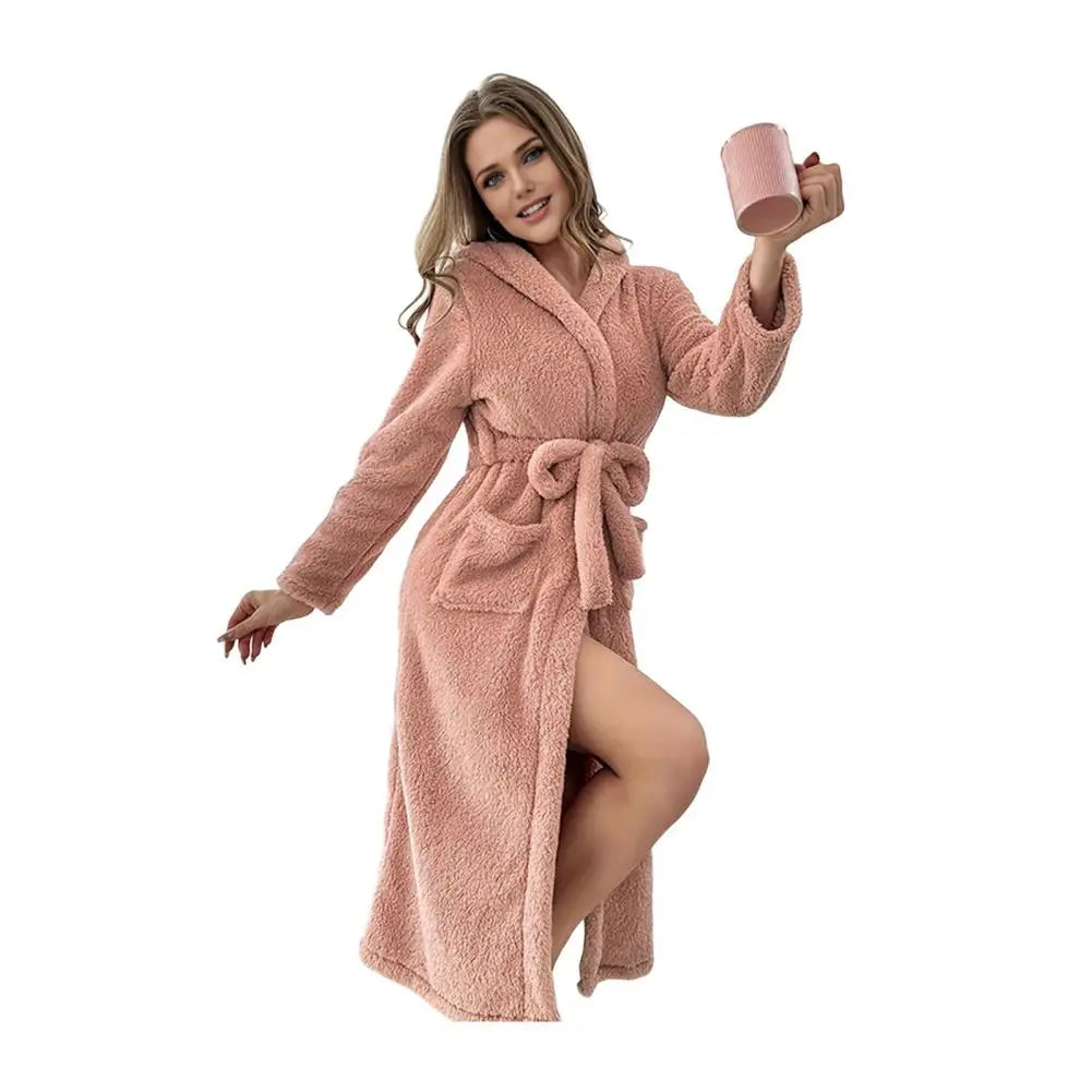 Women's Plush Hooded Fleece Bathrobe with Belt & Pockets Plush Hooded Robe Axl Pink 1XL