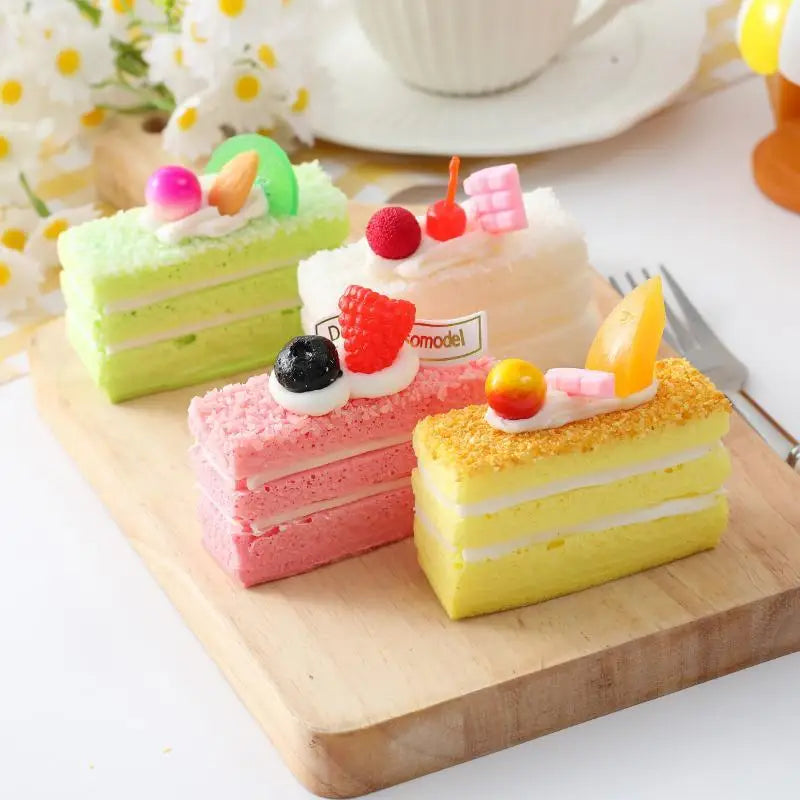 Faux Layered Cake Slices – Realistic PU Fruit Decor Props 4pc Artificial Food Decor Axl