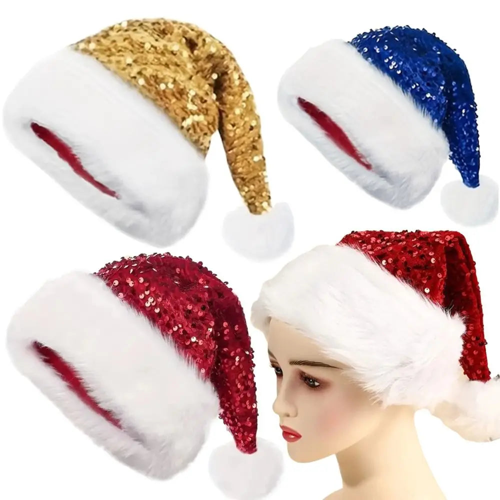 Red Glitter Sequin Santa Hat – Soft Velvet Unisex Xmas Cap Sequin Santa Hat Axl