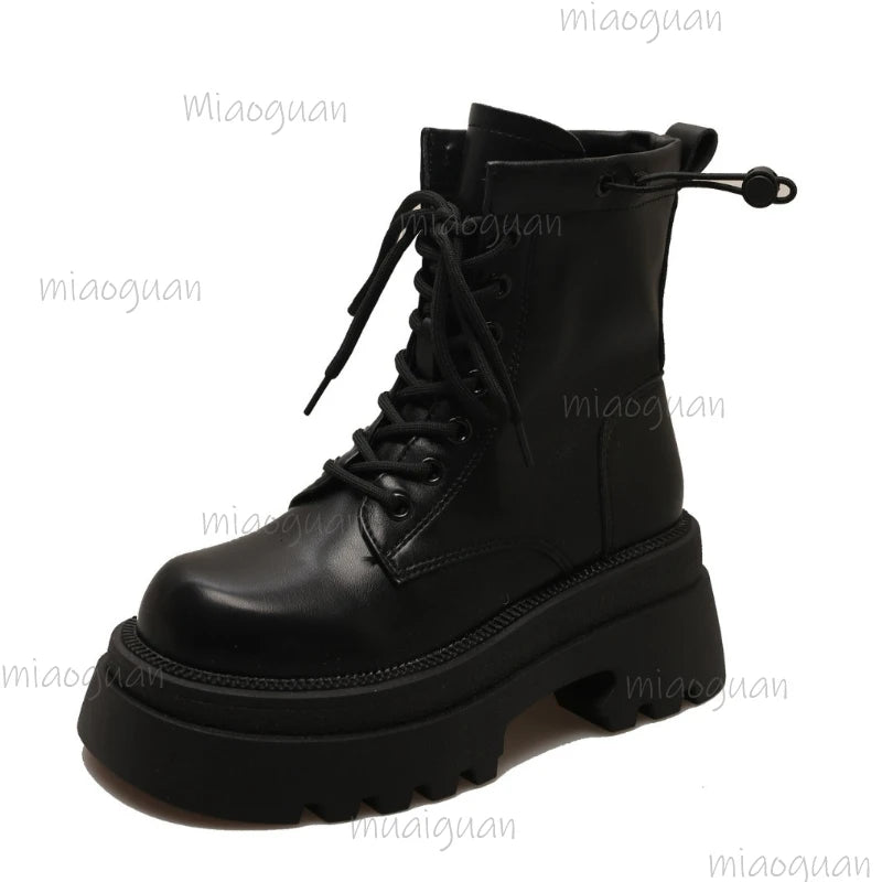 Women's Chunky Platform Ankle Boots – Lace-Up PU Booties Platform Ankle Boots Axl