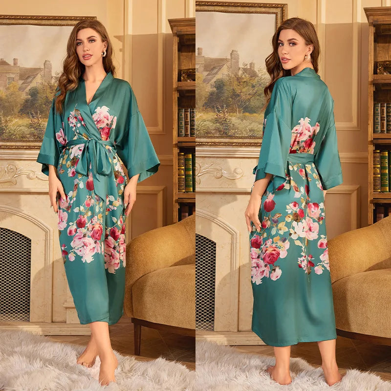 Women's Floral Satin Kimono Robe – Lace-Up Silk Bathrobe Satin Kimono Robe Axl 08 One Size