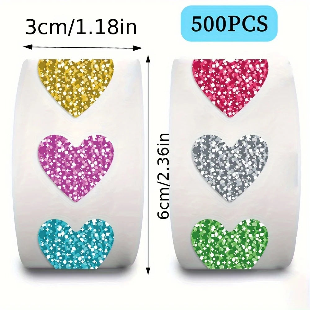 Glitter Heart Stickers Roll – 500 Sparkly Self-Adhesive Hearts Craft Stickers Axl