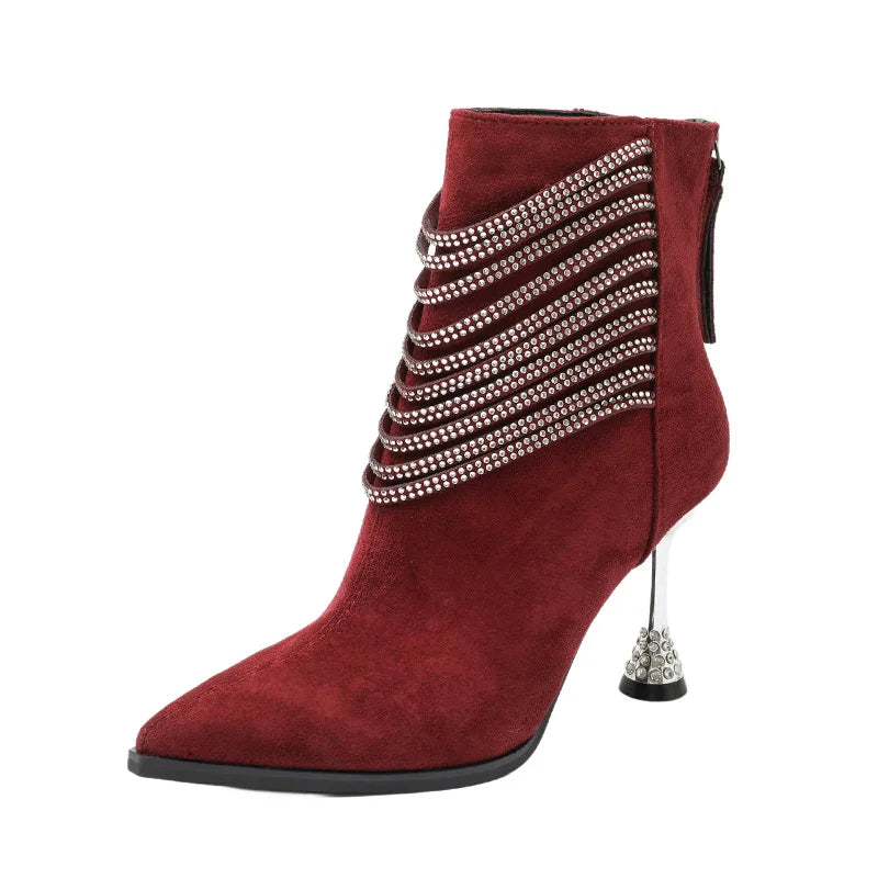 Women's Rhinestone Chain Ankle Boots – Pointed Toe High Heels Ankle Boots Axl red 37