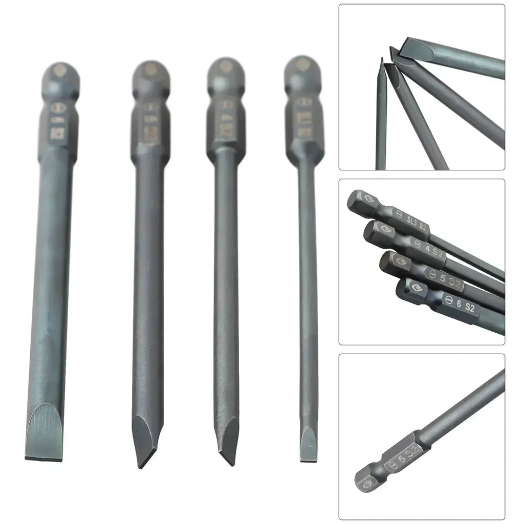 100mm Magnetic Slotted Screwdriver Bit 1/4" Hex – SL3 to SL6 Screwdriver Bit Axl