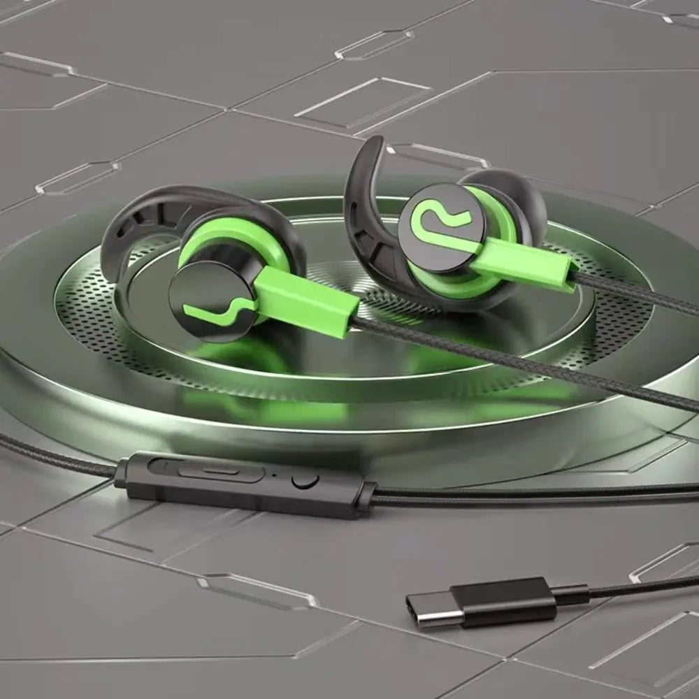 Sport Ear Hook Wired Earphones Type-C & 3.5mm Super Bass ANC Wired Sport Earphones Axl green-type-c