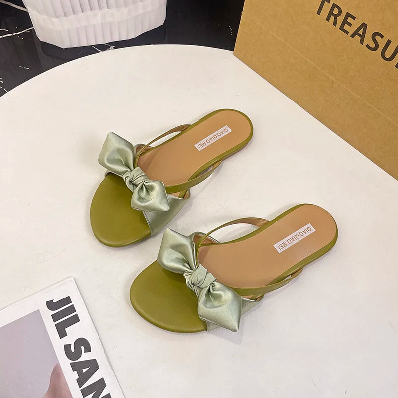 Women's Butterfly-Knot Flat Slides – Summer Open-Toe Slippers Flat Slide Slippers Axl green 38