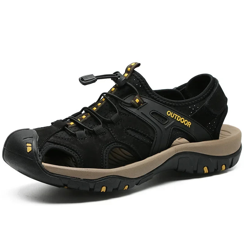 YBQJOO Men's Genuine Leather Outdoor Sandals | Non-Slip Men's Leather Sandals Axl black 46