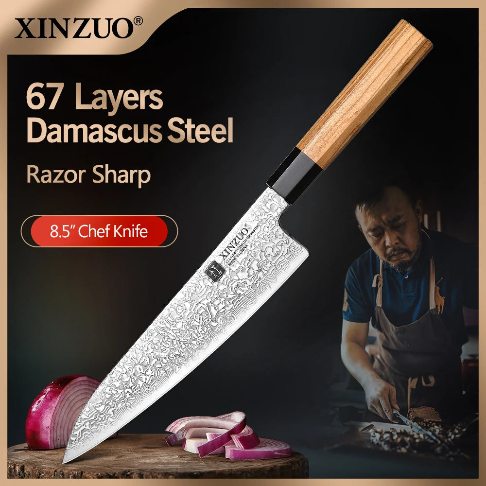 XINZUO 8.5" Damascus Chef Knife – Olive Wood Octagonal Handle Damascus Chef Knife Axl Knife