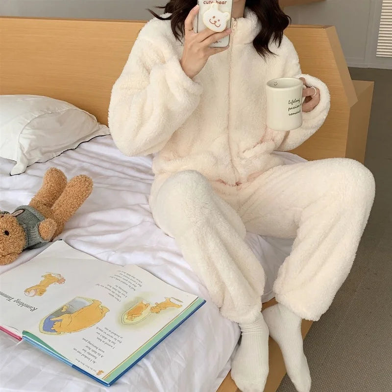 Women's Winter Fleece Pajama Set – Zip-Up Turtleneck Sleepwear Women's Pajama Set Axl