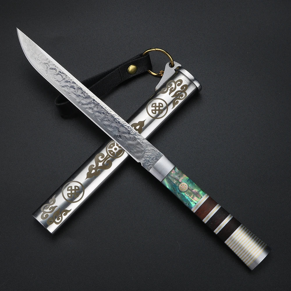 XUAN FENG Damascus Steel Fruit Knife with Wood Handle & Sheath Damascus Kitchen Knife Axl