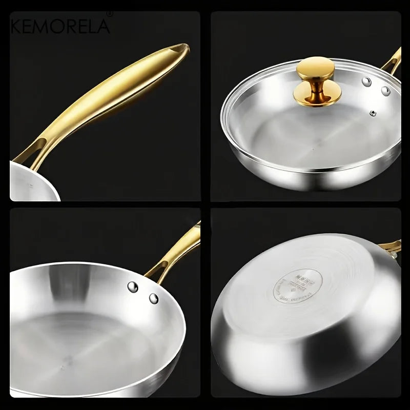 KEMORELA 316 Stainless Steel Frying Pan – 7-Ply Gold Handle Stainless Steel Frying Pan Axl