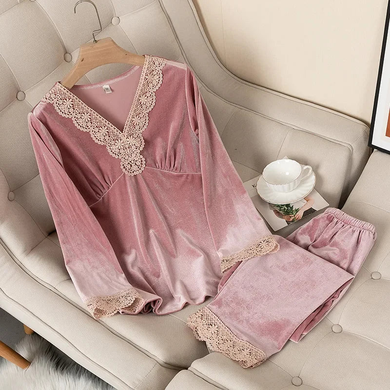 Women's Velvet Pajama Set – Long Sleeve Lace Trim Sleepwear Velvet Pajama Set Axl pink-2 L