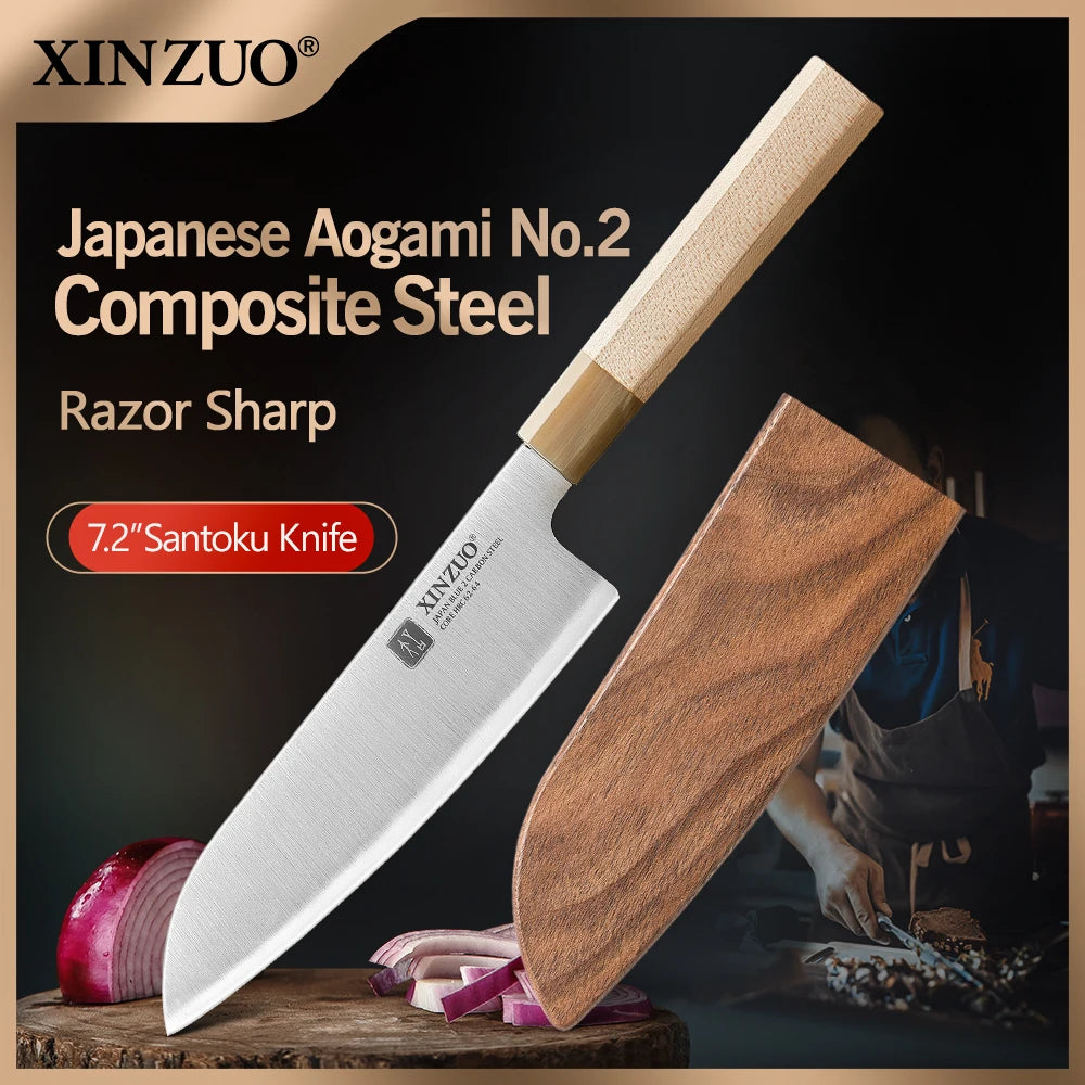 XINZUO Santoku Knife 7.24" Aogami No.2 Steel | Maple Horn Handle Japanese Santoku Knife Axl