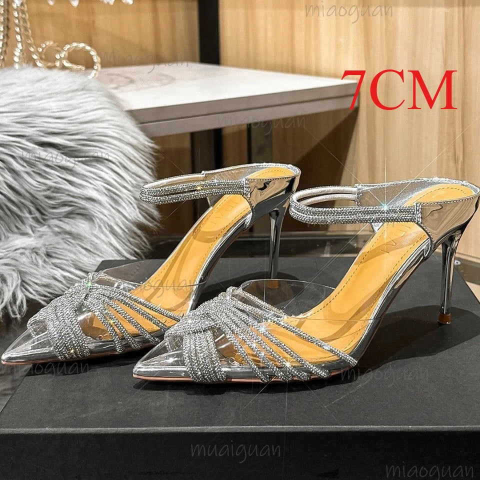 Crystal Ankle Strap Stiletto Sandals – Women's Party Heels Stiletto Heel Sandals Axl Sliver 7CM 36