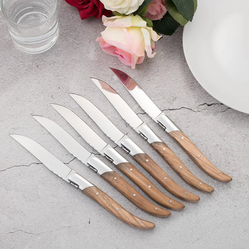 Laguiole-Style Steak Knife Set – Olive Wood Handle 8.25" Steak Knife Set Axl 6 Pieces