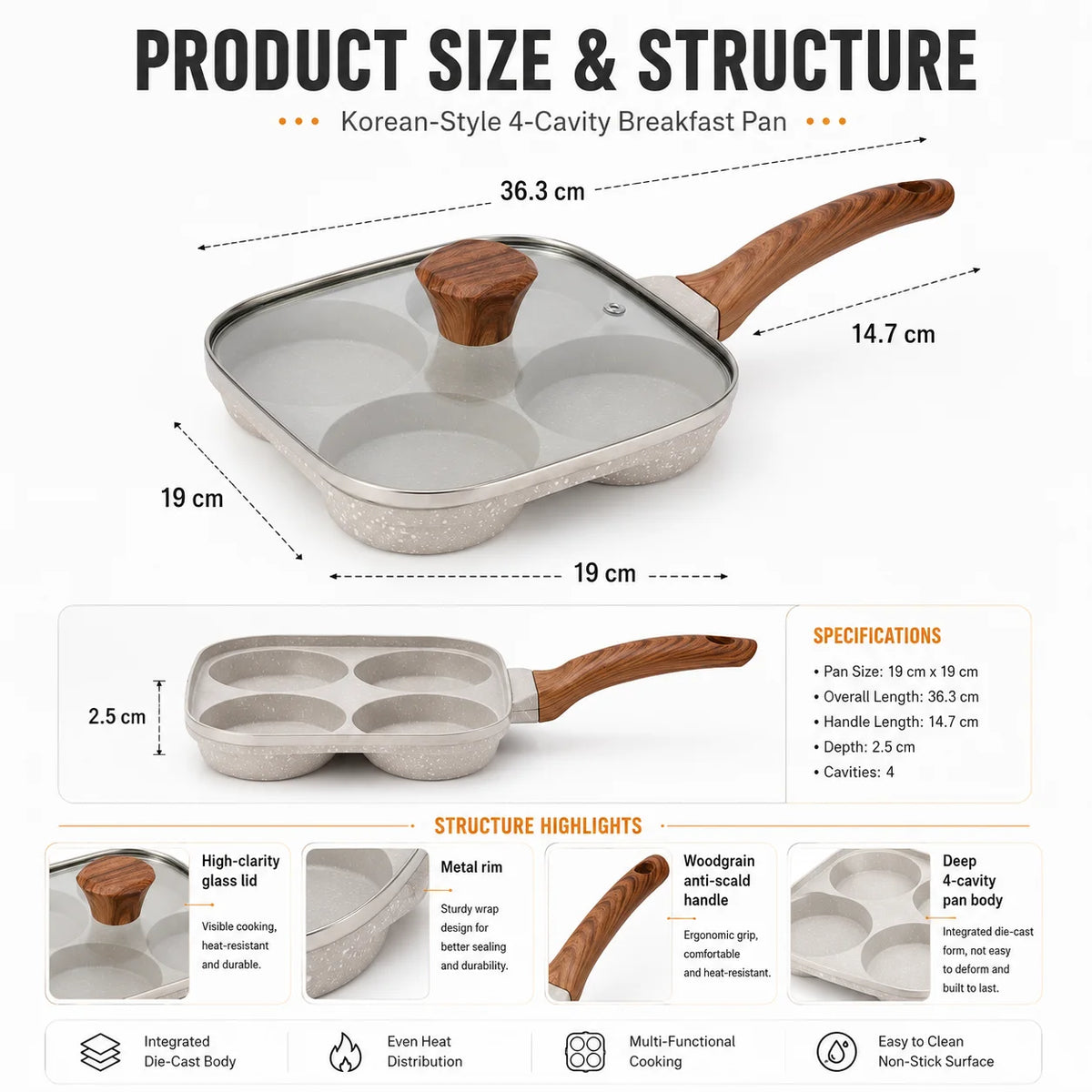4-Section Nonstick Egg Frying Pan with Glass Lid – All Stoves Divided Omelet Pan Axl