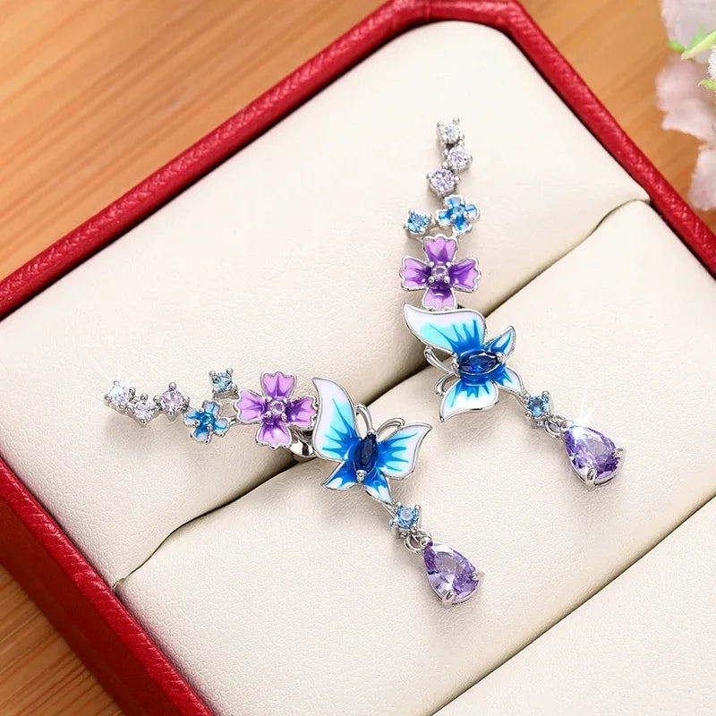 Huitan Butterfly Flower Drop Earrings | Colorful CZ Women's Jewelry Drop Earrings Axl