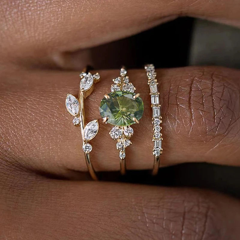 Huitan 3-Piece Olive Green CZ Gold Bridal Ring Set for Women Bridal Ring Set Axl Q677 7