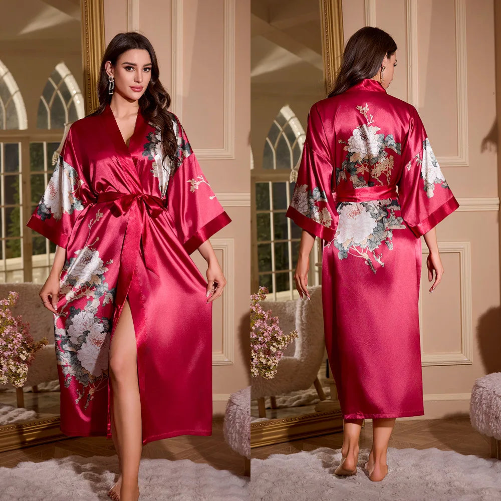 Women's Printed Kimono Robe – Long Loose Loungewear Nightgown Kimono Loungewear Robe Axl 04 One Size