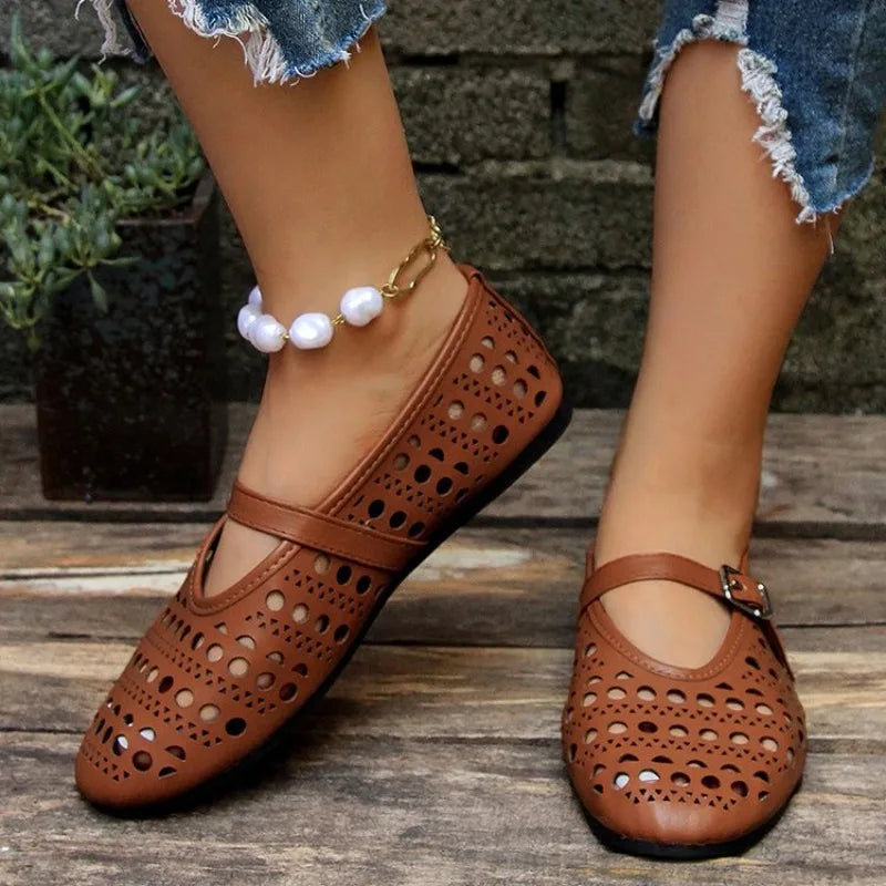 Women's Mary Jane Flats – Hollow Cutout Buckle Strap Round Toe Mary Jane Flats Axl
