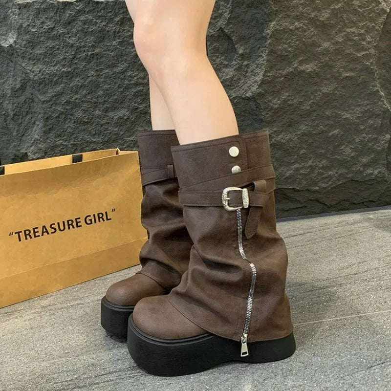 Women's Retro Platform Knight Boots | Side Zipper Mid-Calf Platform Knight Boots Axl