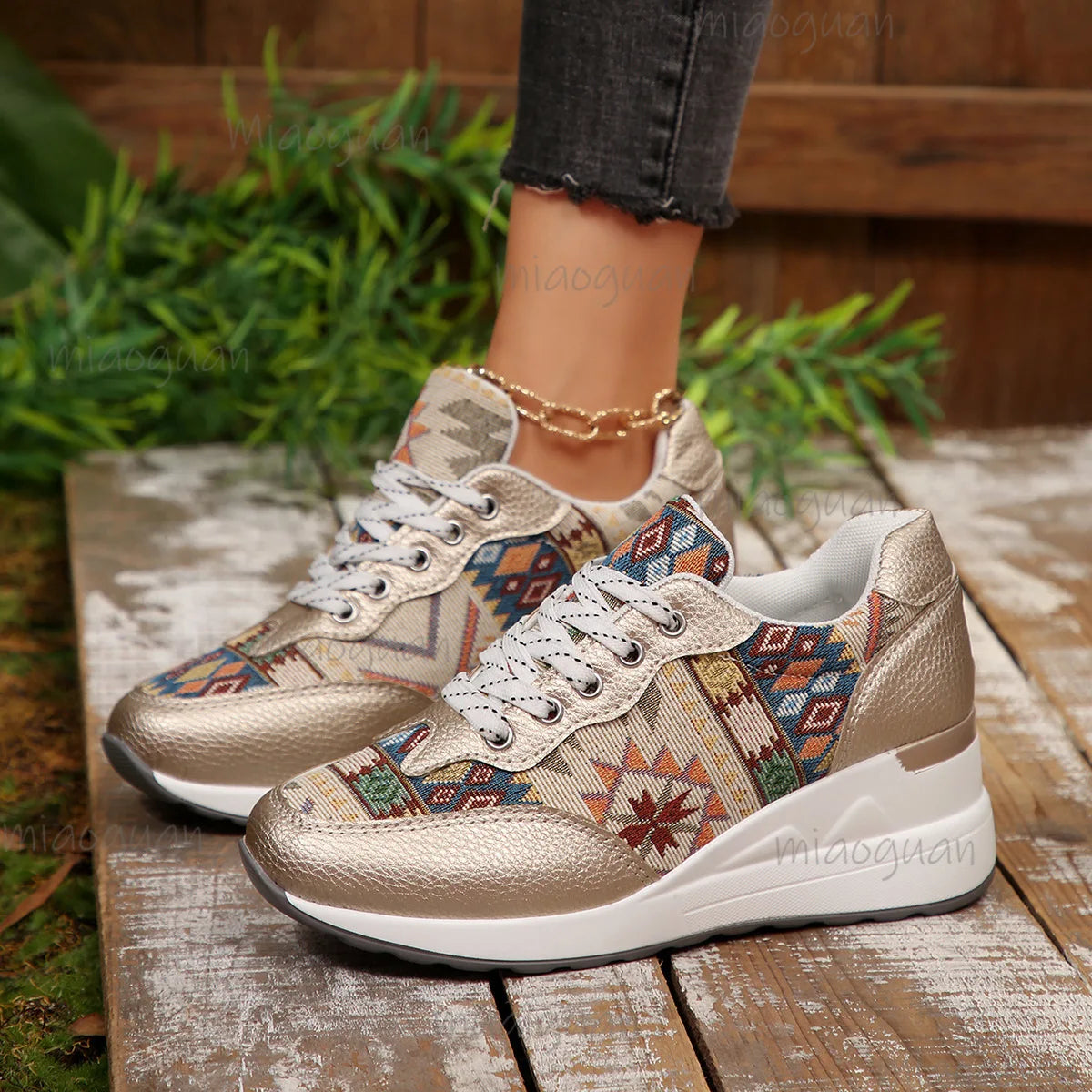 Women's Bohemian Wedge Platform Sneakers – Geometric Pattern Platform Wedge Sneakers Axl