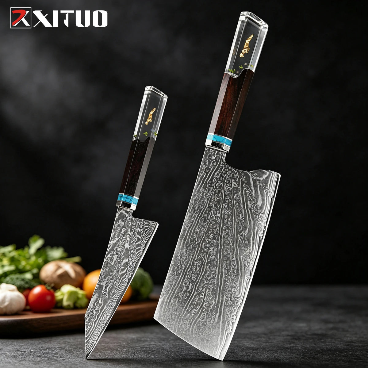 XITUO 8-Pc Damascus Steel Chef Knife Set | Resin Handle Chef Knife Set Axl 4PCS Knife E