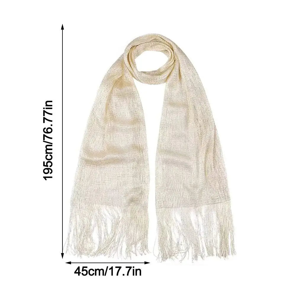 Lace Tassel Sheer Shawl Scarf – Gold & Silver Shimmer Fashion Scarf Axl
