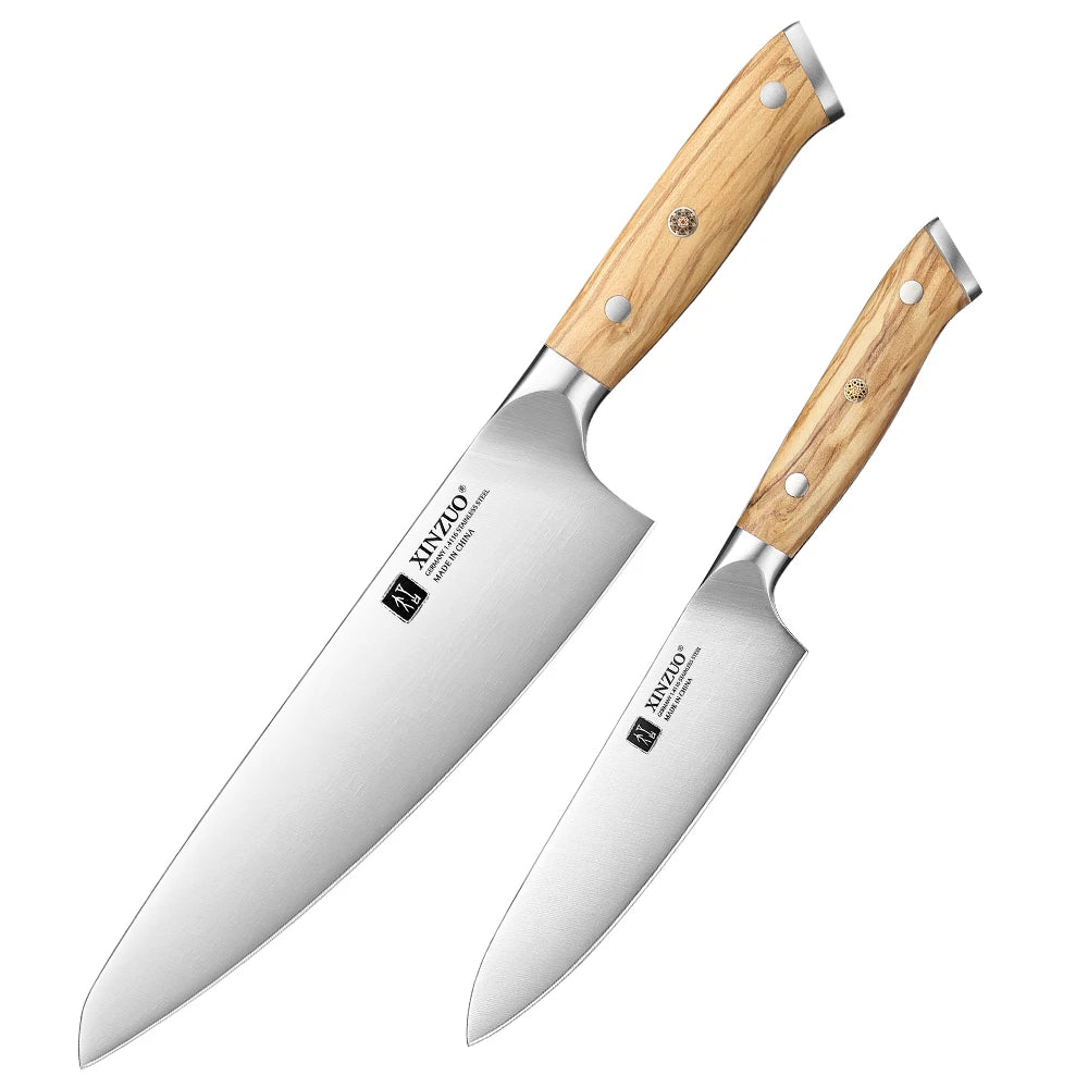 XINZUO German Steel Chef & Utility Knife Set – Olive Wood Handle Kitchen Knife Set Axl 2pcs Knife Set