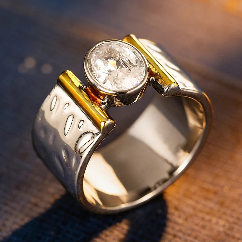 Huitan Wide CZ Ring – Two-Tone Hammered Statement Band for Women Fashion Statement Ring Axl