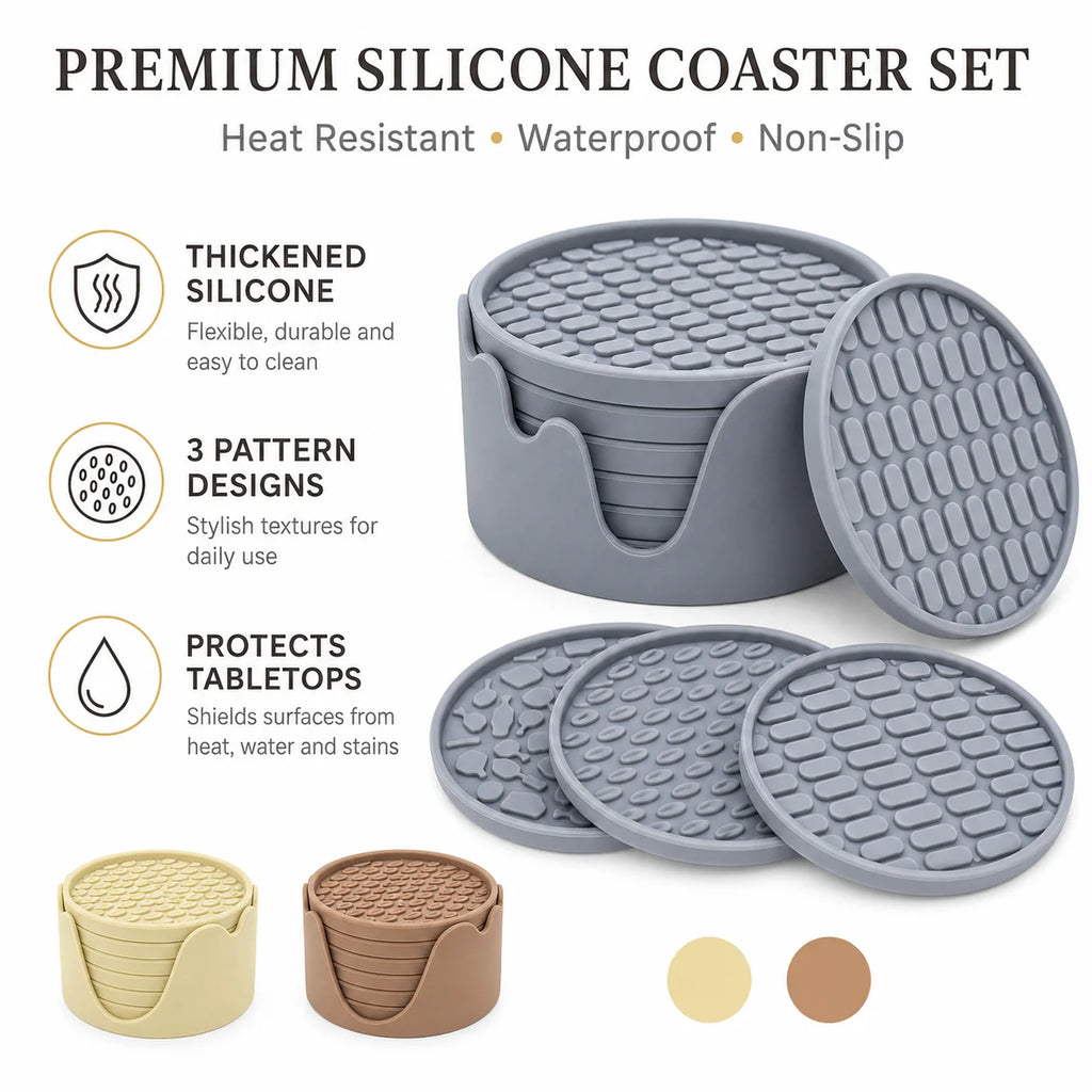 6-Pc Silicone Coasters Set with Holder & Dustproof Lid Silicone Coaster Set Axl