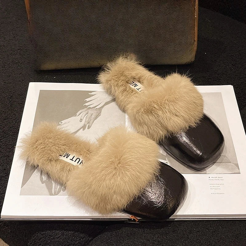 Women's Plush Flat Half Slippers – Warm Non-Slip Winter Shoes Plush Flat Slippers Axl Black upgrade 39