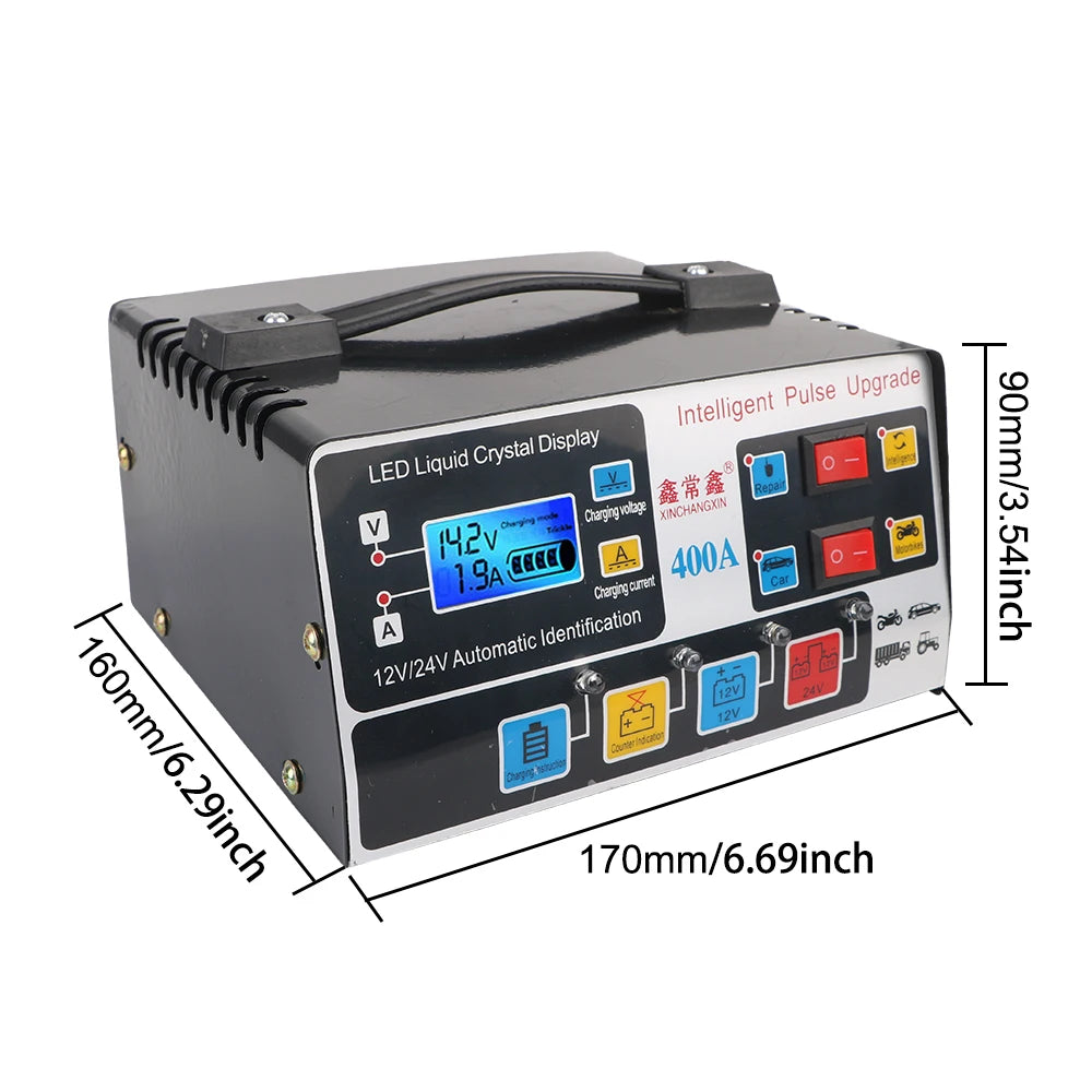 220W Smart Car Battery Charger LCD 12V/24V Pulse Repair EU Plug Car Battery Charger Axl Black