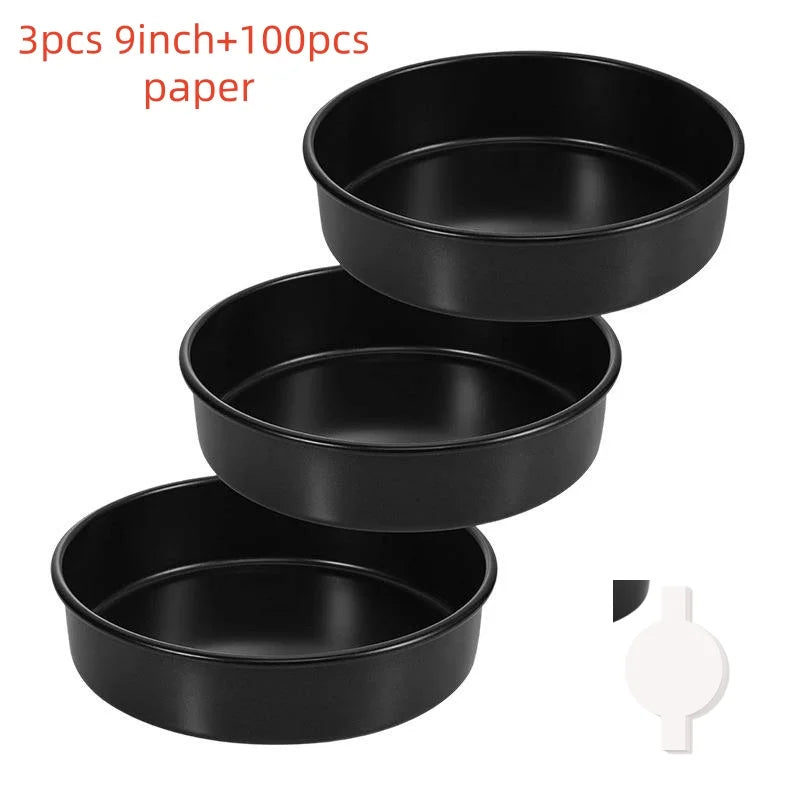 Non-Stick Carbon Steel Round Cake Pans + 50 Parchment Papers Round Cake Pan Set Axl 9inch 3pcs