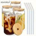 Can-Shaped Glass Cups Set with Glass Straws | KEMORELA Glass Drinkware Set Axl 4PCS With cover 301-400ml