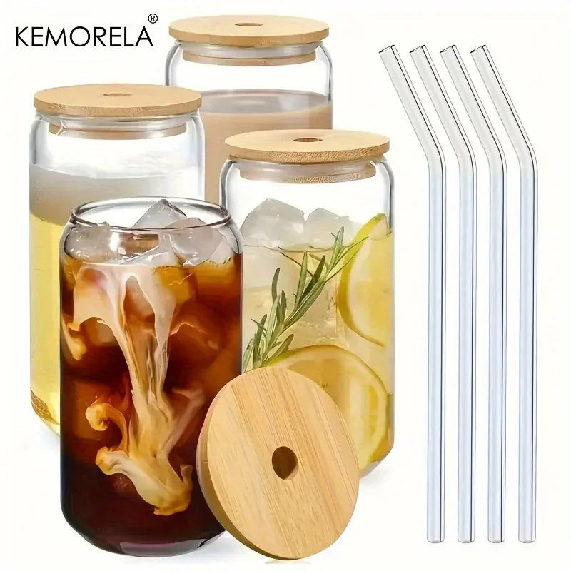 Can-Shaped Glass Cups Set with Glass Straws | KEMORELA Glass Drinkware Set Axl 4PCS With cover 301-400ml