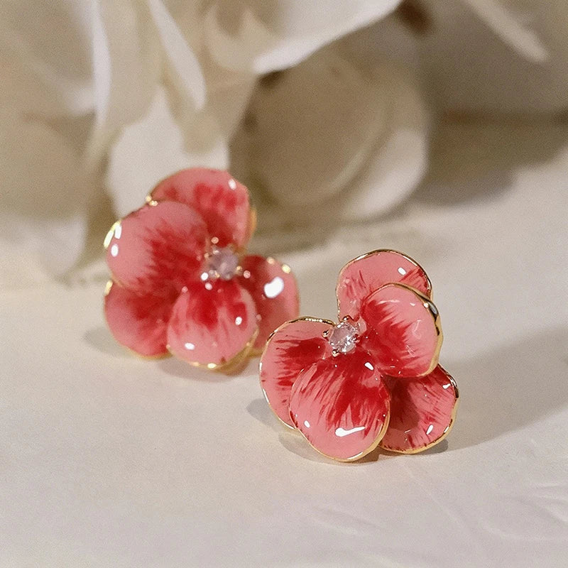 Huitan Red Enamel Flower Stud Earrings – Floral Women's Jewelry Floral Stud Earrings Axl