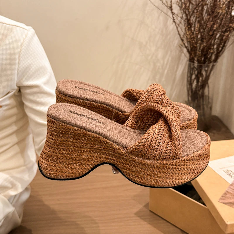 Women's Straw Woven Platform Wedge Sandals | Bohemian Slides Platform Wedge Sandals Axl Brown 35