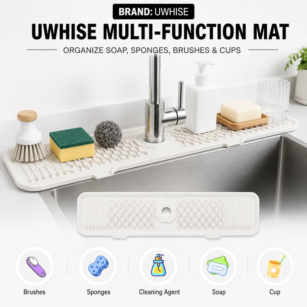 Uwhise Silicone Faucet Mat – Sloped Sink Splash Guard & Drip Tray Silicone Sink Mat Axl