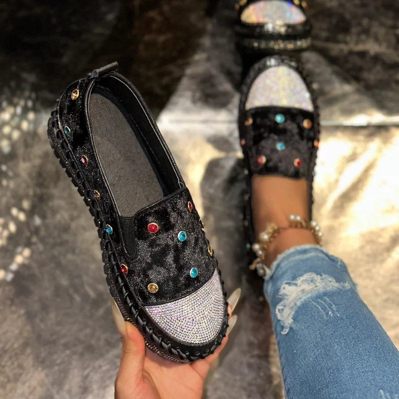 Women's Pearl Rhinestone Loafers – Slip-On Flat Shoes Embellished Flat Loafers Axl
