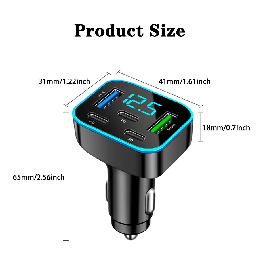 5-Port Fast Car Charger – 3x USB-C PD, 2x USB, Digital Display Car Charger Axl