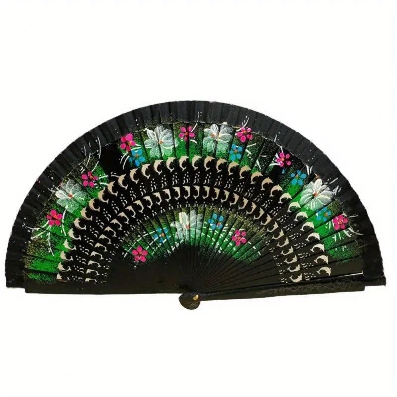 Wooden Spanish Folding Fan – Double-Sided Floral Dance & Decor Decorative Folding Fan Axl black