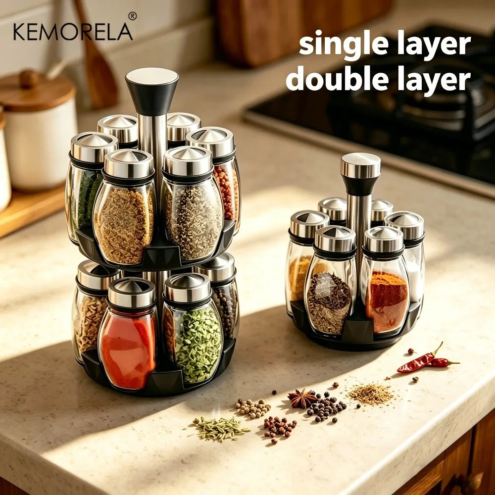 Rotating Glass Spice Jar Rack – KEMORELA Kitchen Organizer Rotating Spice Rack Axl
