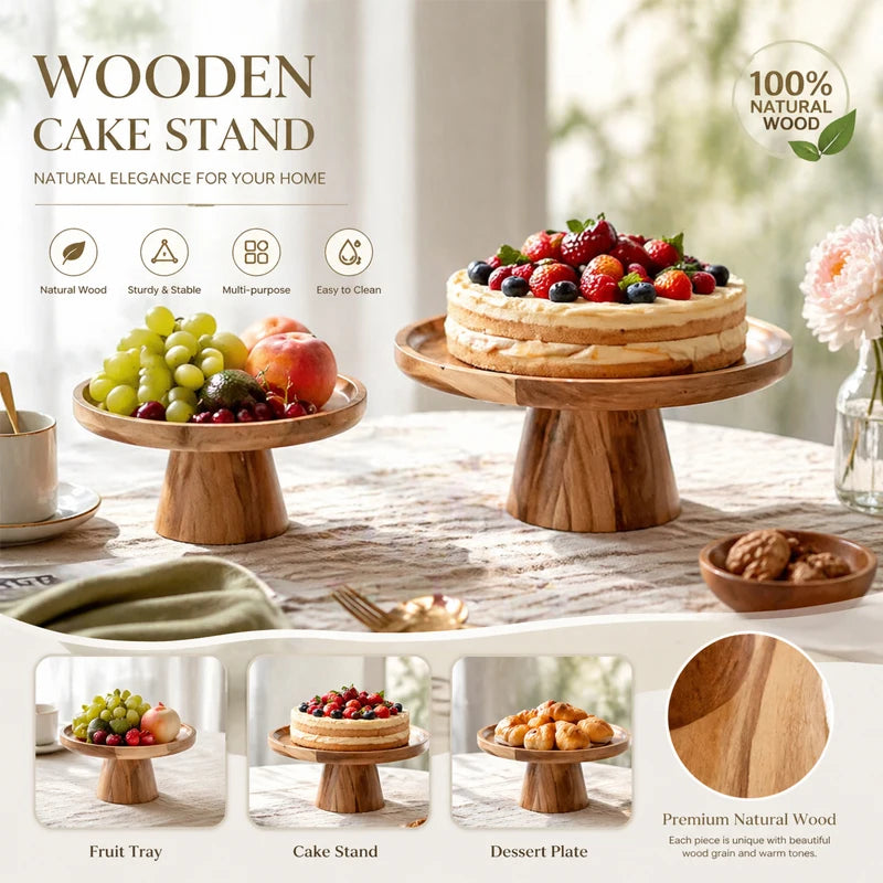 Elevated Wooden Cake & Fruit Serving Tray | Natural Wood Stand Wooden Serving Tray Axl
