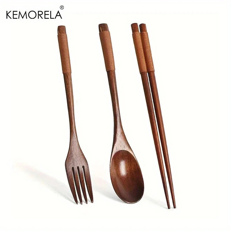KEMORELA 3-Piece Wooden Chopsticks Fork Spoon Set | Travel Wooden Cutlery Set Axl BROWN-3PCS