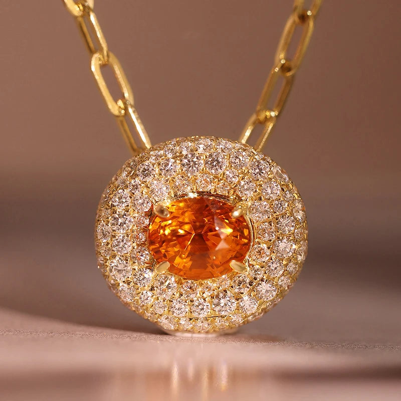 Huitan Orange Red CZ Oval Pendant Necklace | Paperclip Chain CZ Pendant Necklace Axl XL1681 45cm