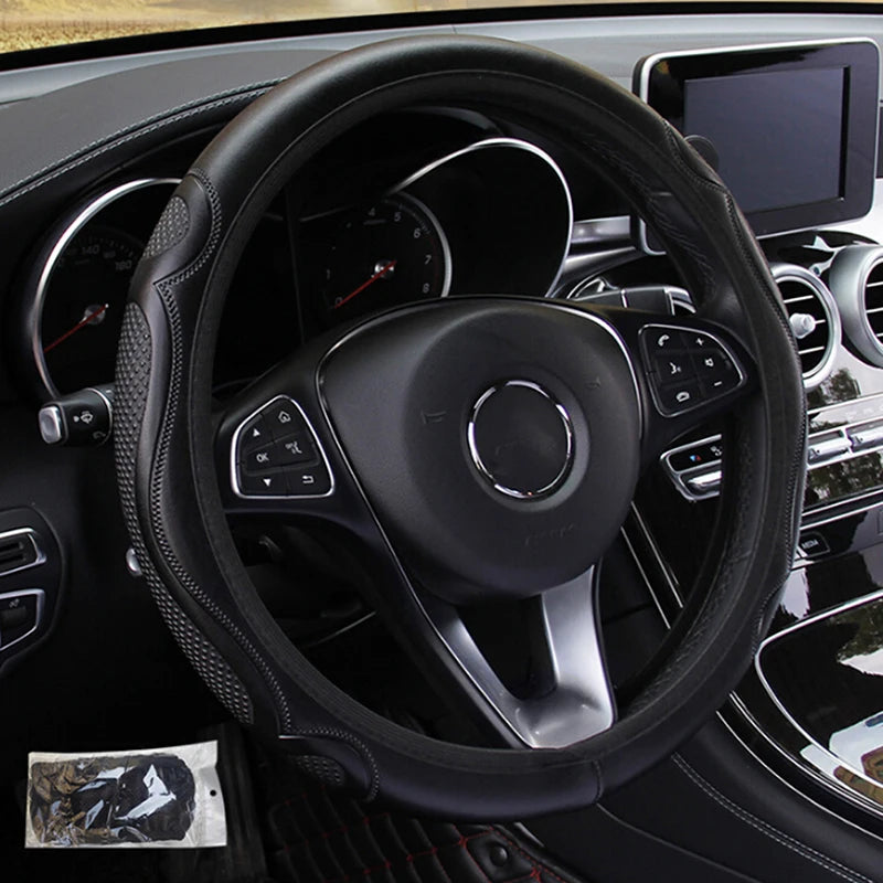 Universal Leather Steering Wheel Cover – Anti-Slip 38cm Steering Wheel Cover Axl Black